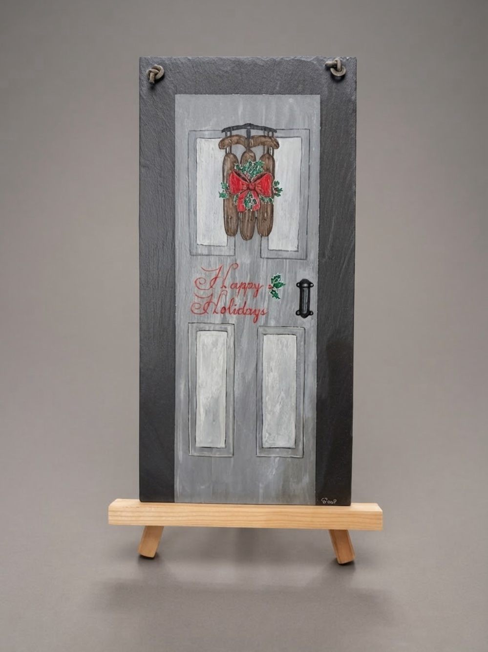 Hand-Painted Slate Door Sign Winter Holiday Decor Wreath Sled